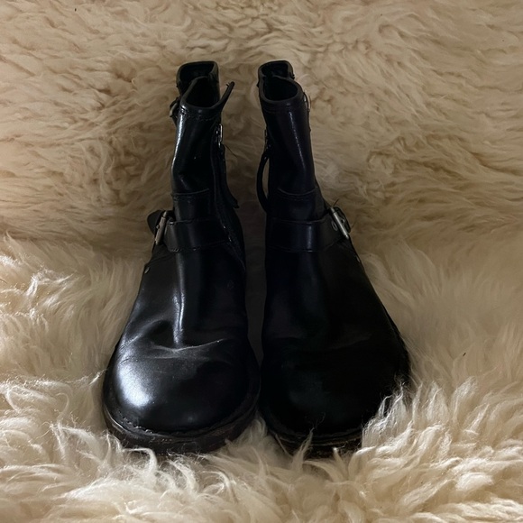 UGG Black Leather Double Buckle Combat Moto Side-Zip Ankle Boots - Picture 3 of 8